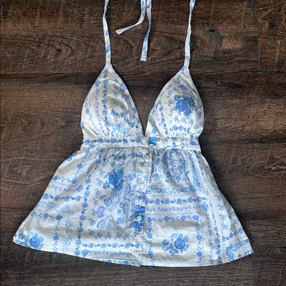 Hollister Blue and White Easy Halter Top
